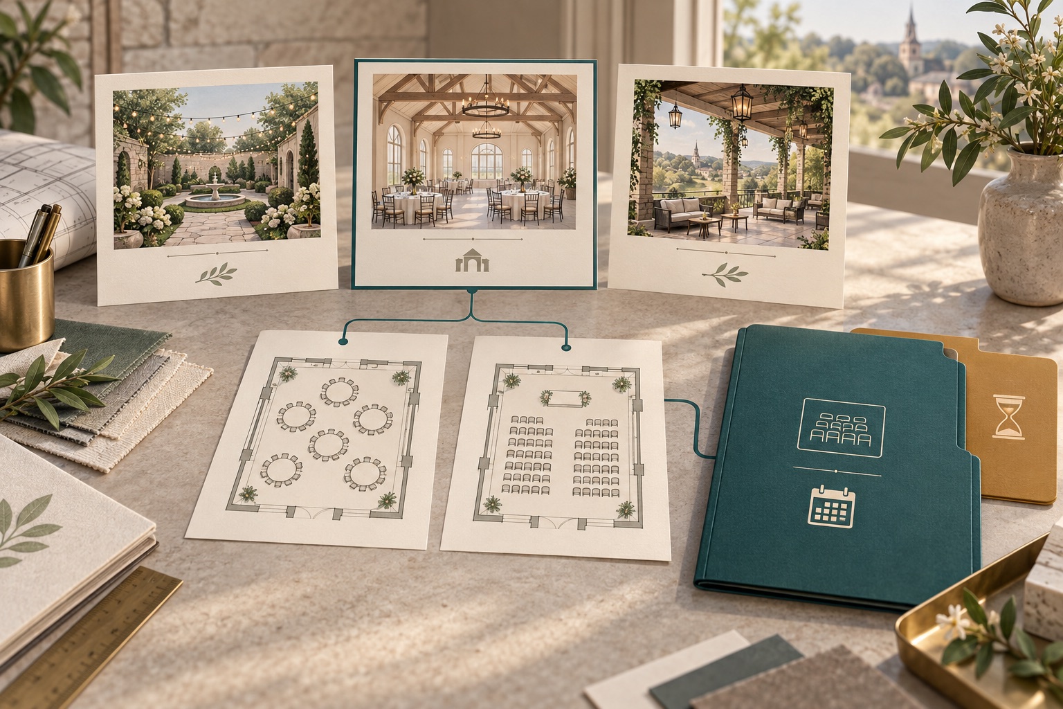 Fictional venue cards and two room layouts connected to an inquiry folder with a separate pending-status tab