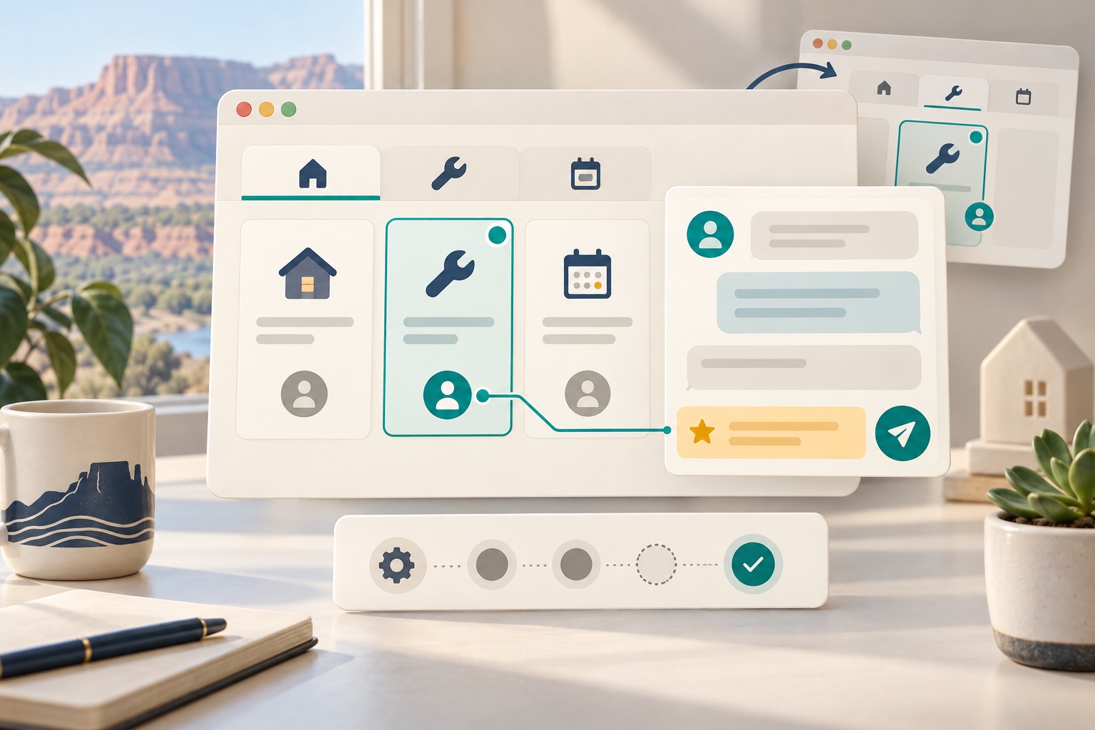 Fictional service-job cards connected to a customer communication panel and a separate background-task strip