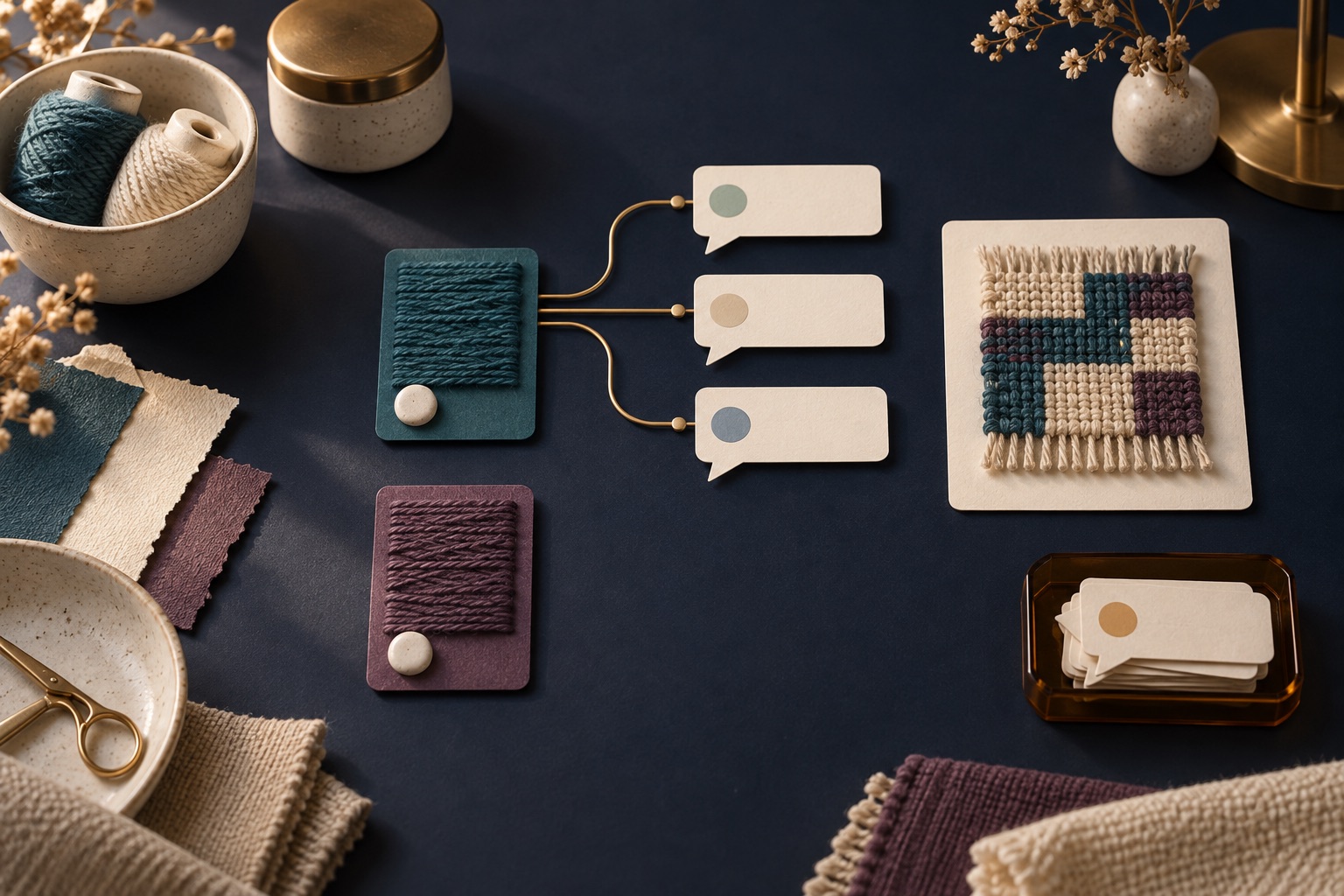 Fictional craft material-variant cards with one linked to review bubbles beside a woven project card and duplicate-topic tray