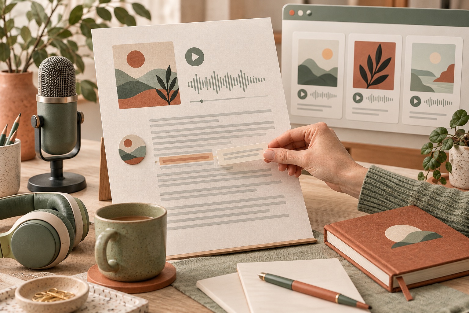 Concept of an editor correcting a fictional episode transcript beside an audio player and podcast archive cards