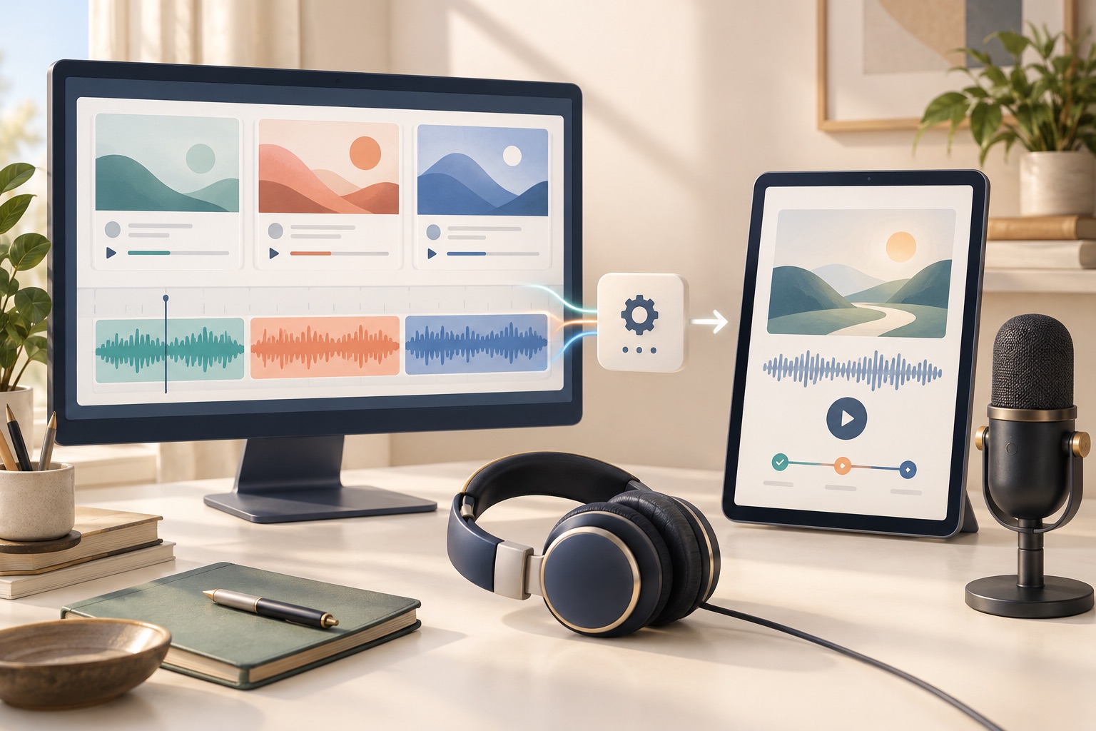Concept of podcast segments passing through a processing stage into a playable learning-audio journey