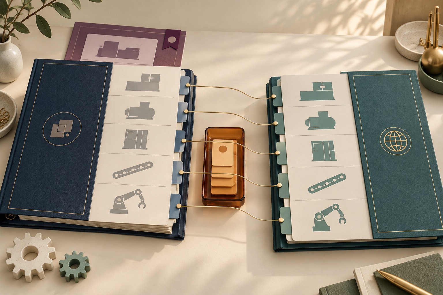 Fictional source and translated manual binders with matching section links, a reviewer tray and a separate revised-source page