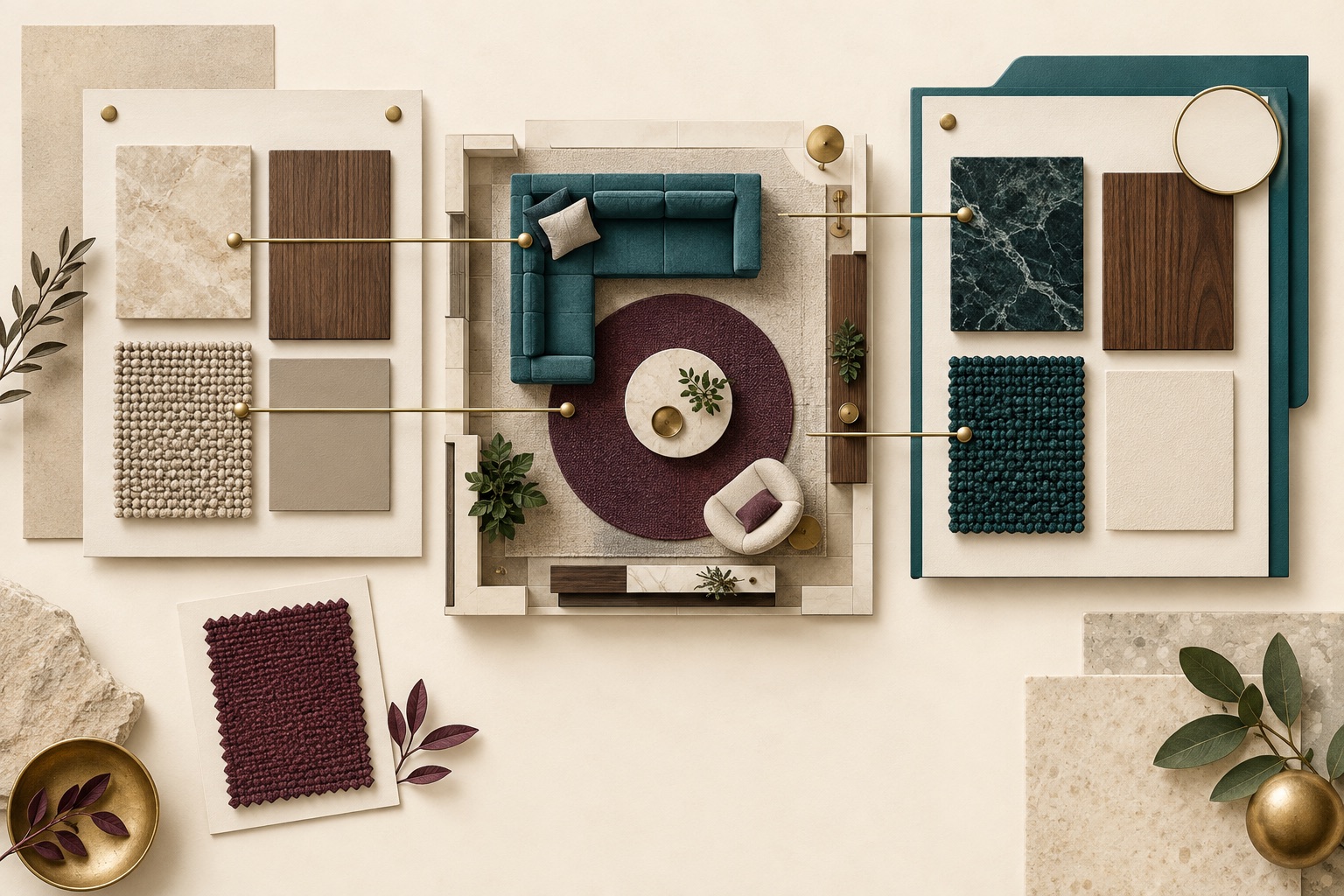 Fictional room layout linked to material swatches and separate presentation boards with a replacement fabric card