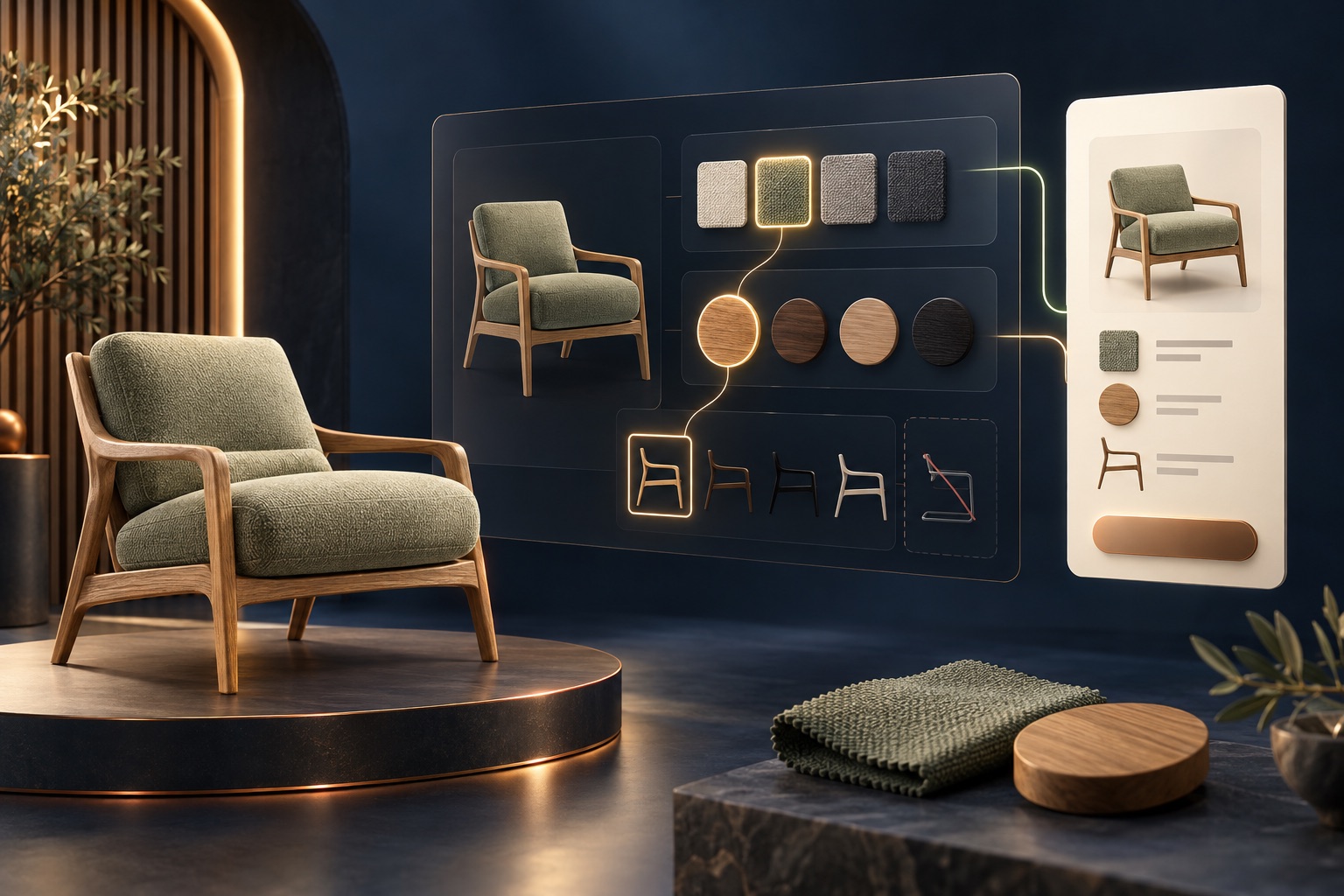 Fictional lounge chair catalog with fabric swatches, wood finishes and frame choices connected to a configuration enquiry card