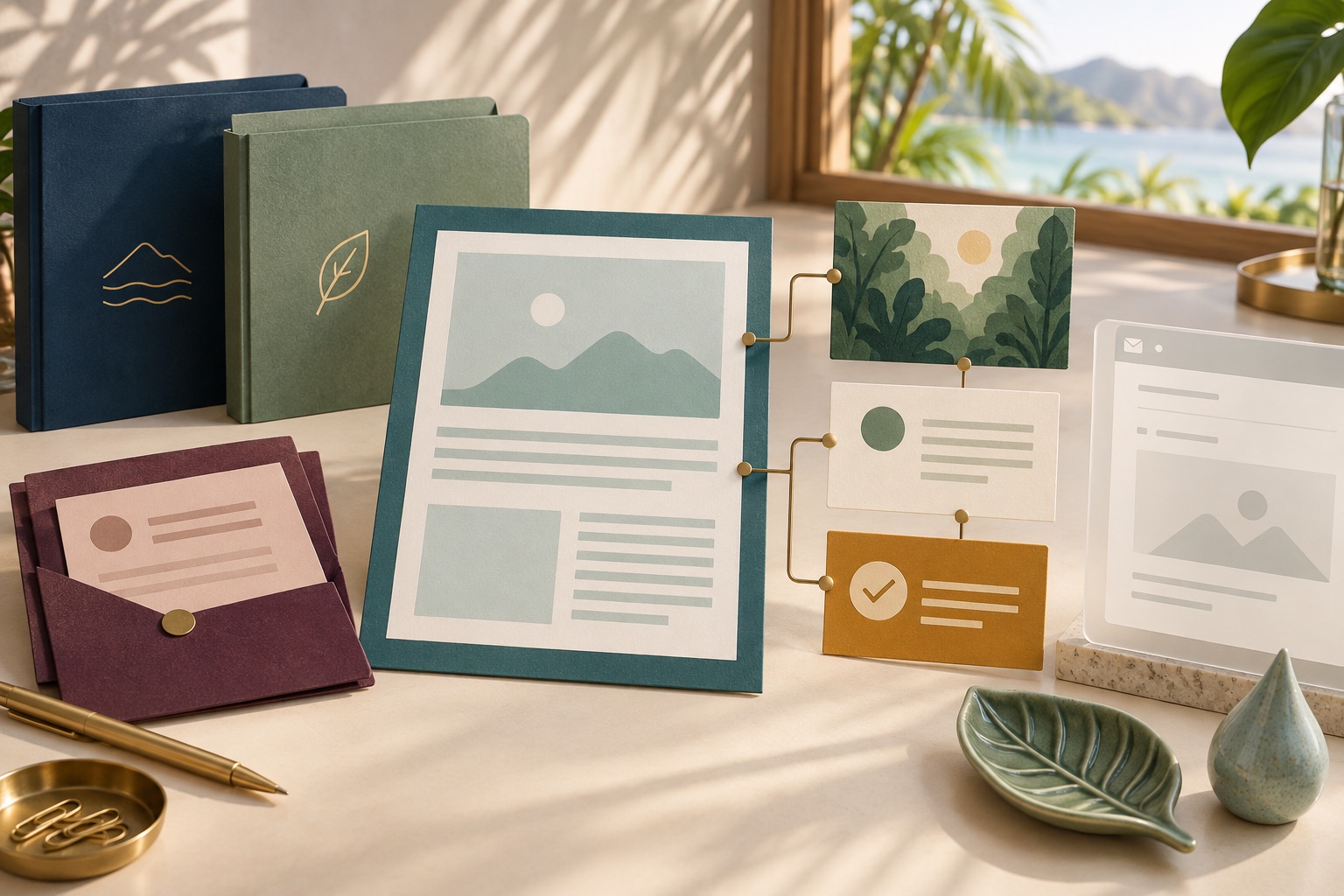 Fictional conservation project folders and newsletter layout linked to separate image, update and reviewed-result cards beside an email editor