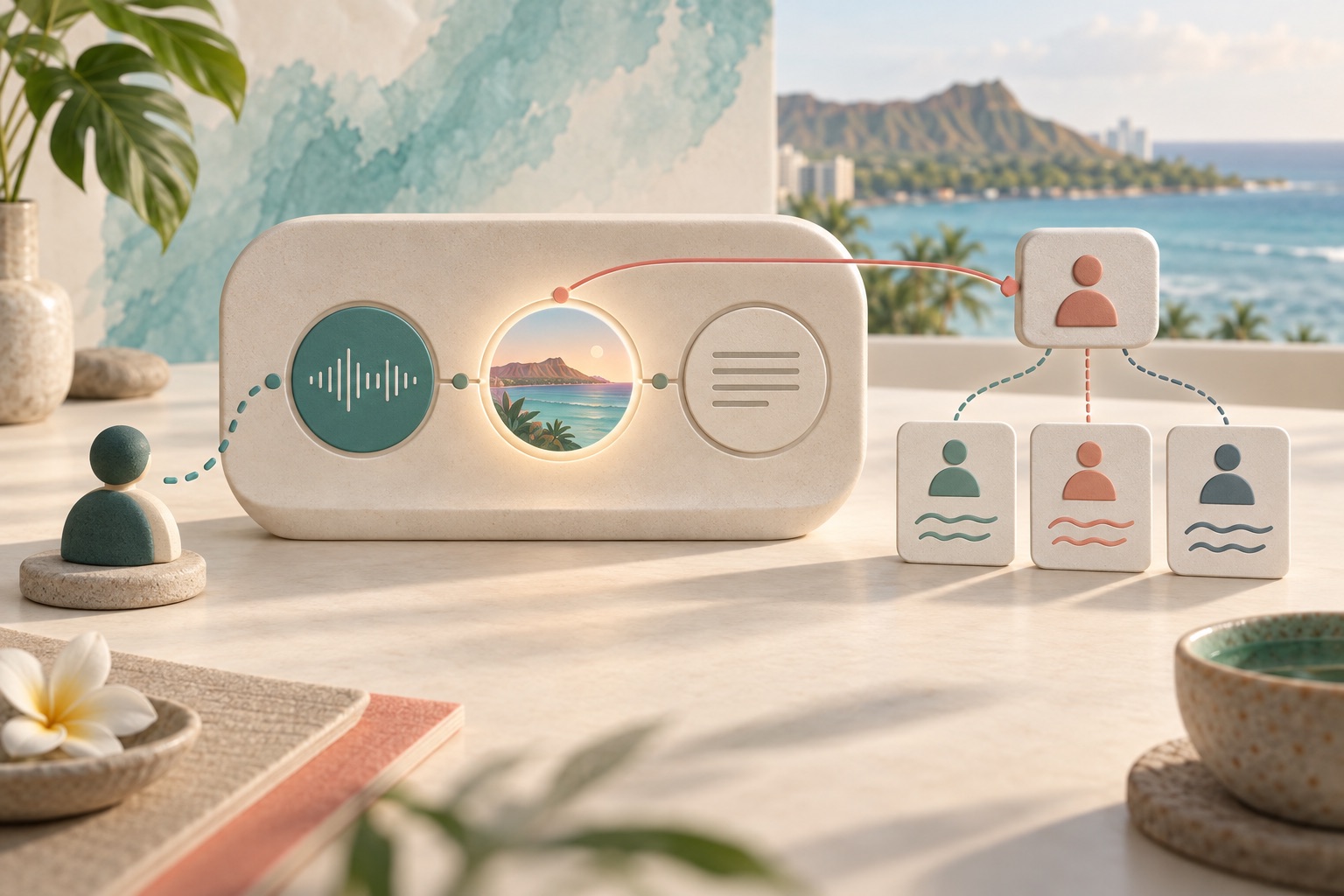 Concept of audio, video and reflection steps connected to a host control and separate participant-response cards