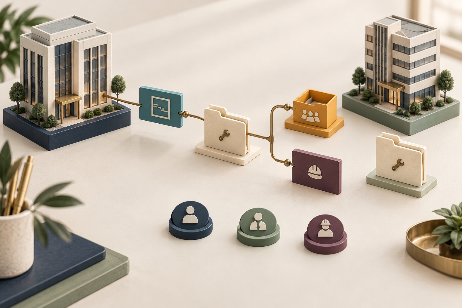 Fictional office buildings with separate maintenance folders and one suite linked to staff triage and contractor task cards