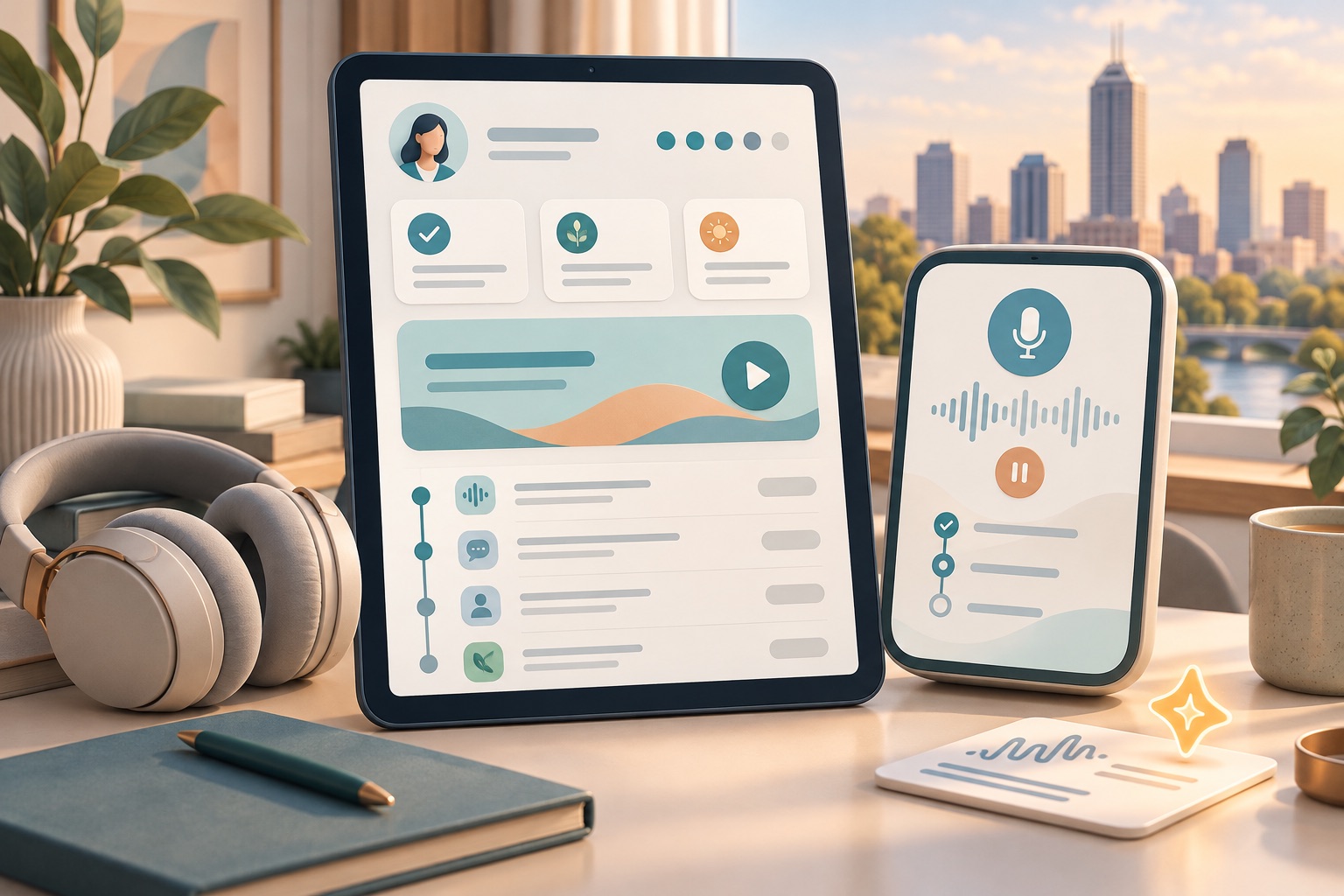 Concept of a coaching member dashboard beside guided voice-session controls and headphones