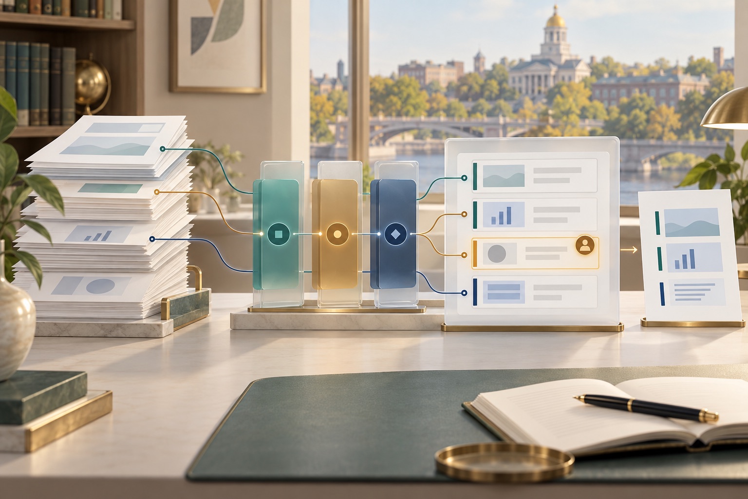 Fictional source documents connected through processing stages to structured review fields and a selected export sheet