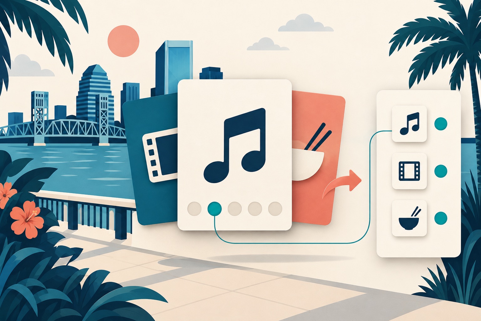 Concept of music, film and food topic cards with selectable rating dots, a skip arrow and a connected personal history panel