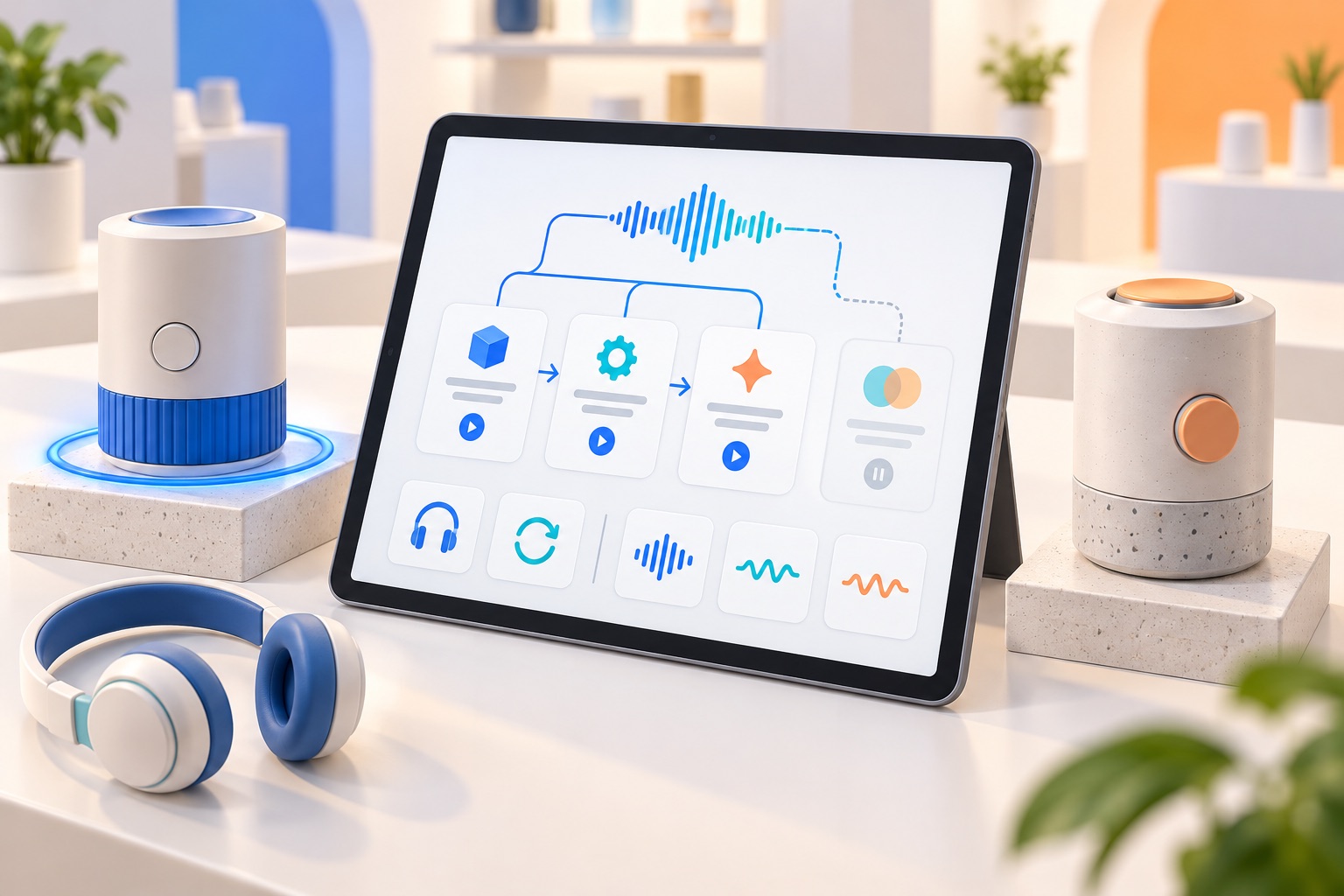 Fictional tablet with a voice waveform, sequential feature cards and a comparison step between two abstract showroom products