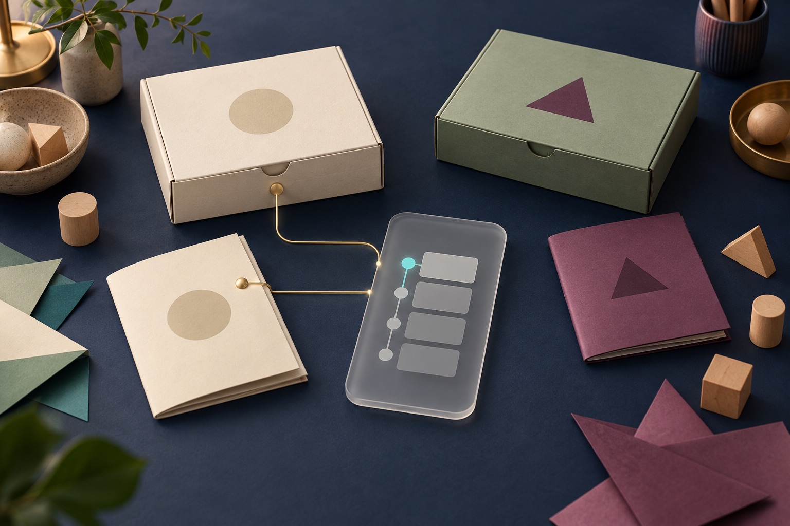 Fictional craft-kit boxes and separate instruction booklets beside a blank phone-shaped chapter panel with a progress marker
