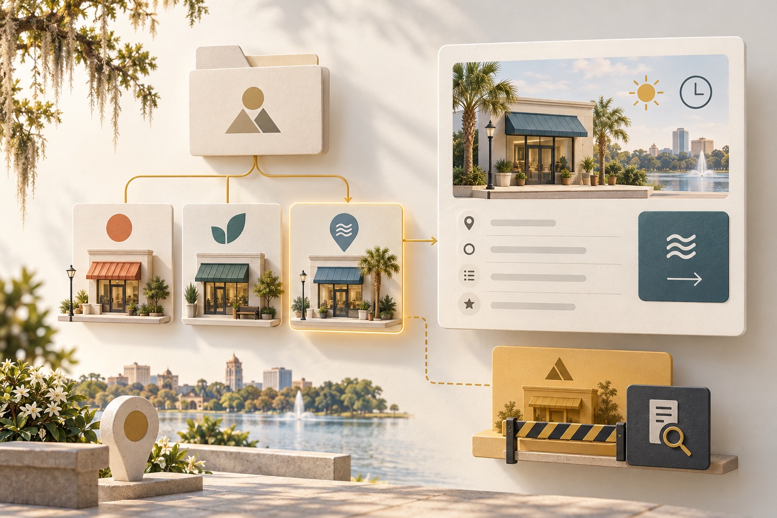 Fictional branch cards connected to a parent folder, a location detail page and a matching contact tile