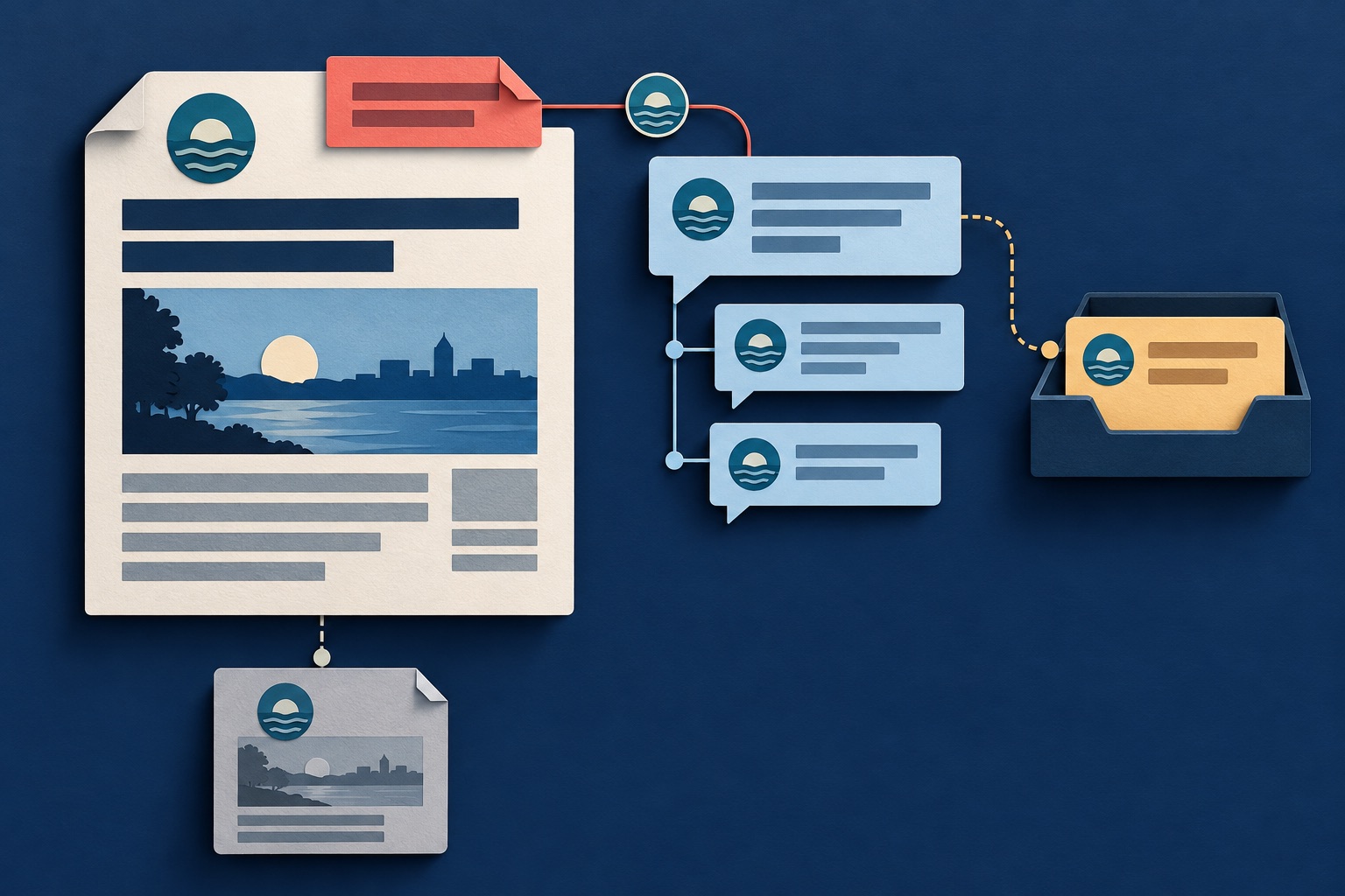 Fictional article and reply cards sharing a document token beside a correction tab, review tray and archived article