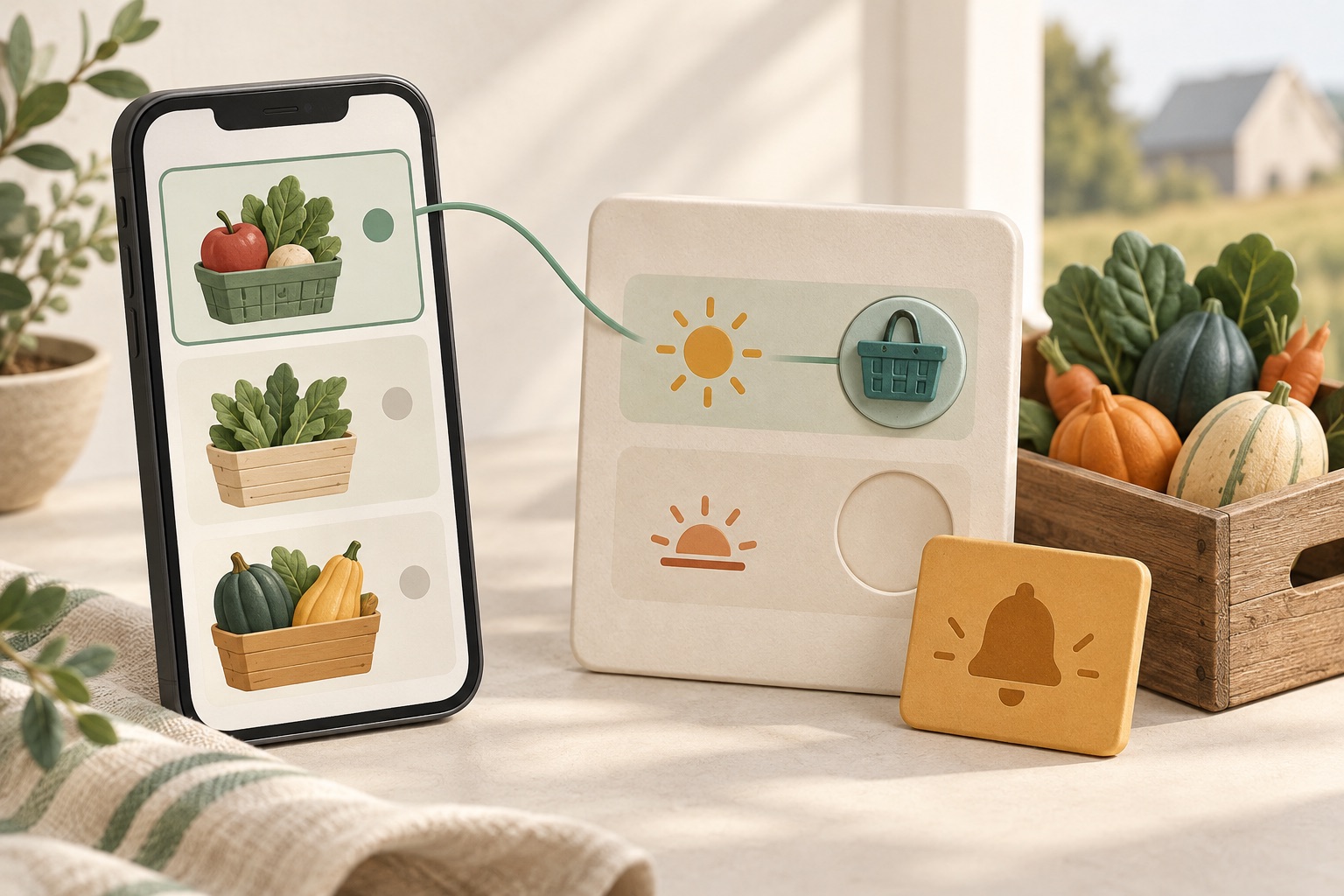 Fictional produce baskets on a phone connected to a pickup-window board beside a wooden vegetable crate