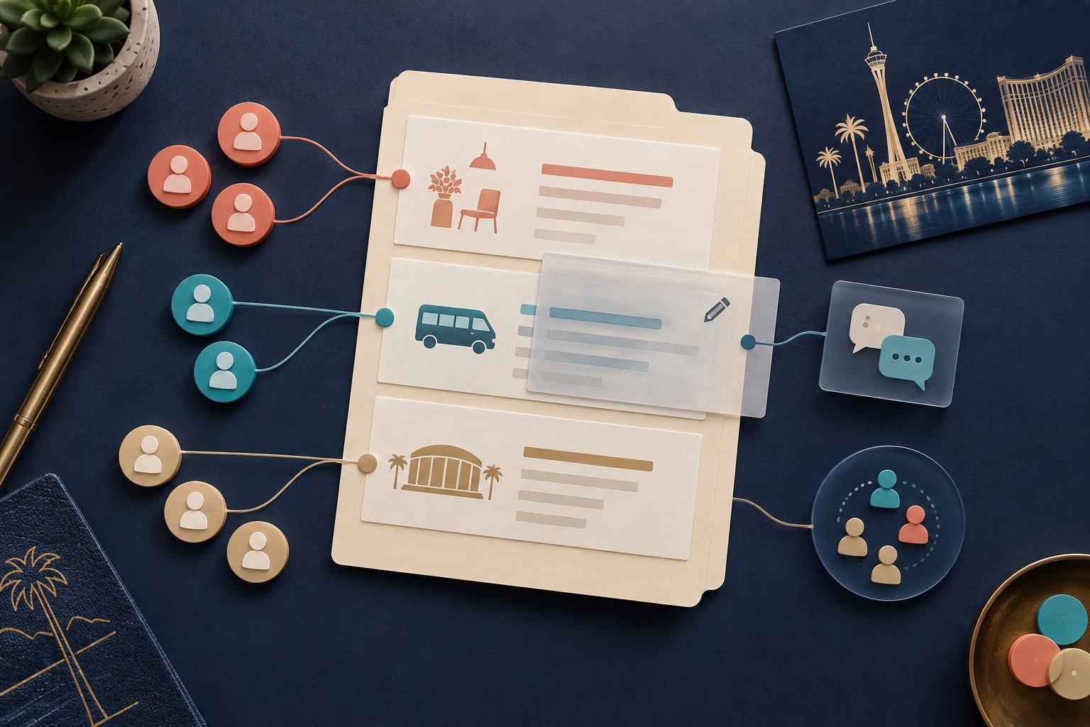 Concept of event cost records connected to participant groups with a correction overlay and an adjacent conversation tile