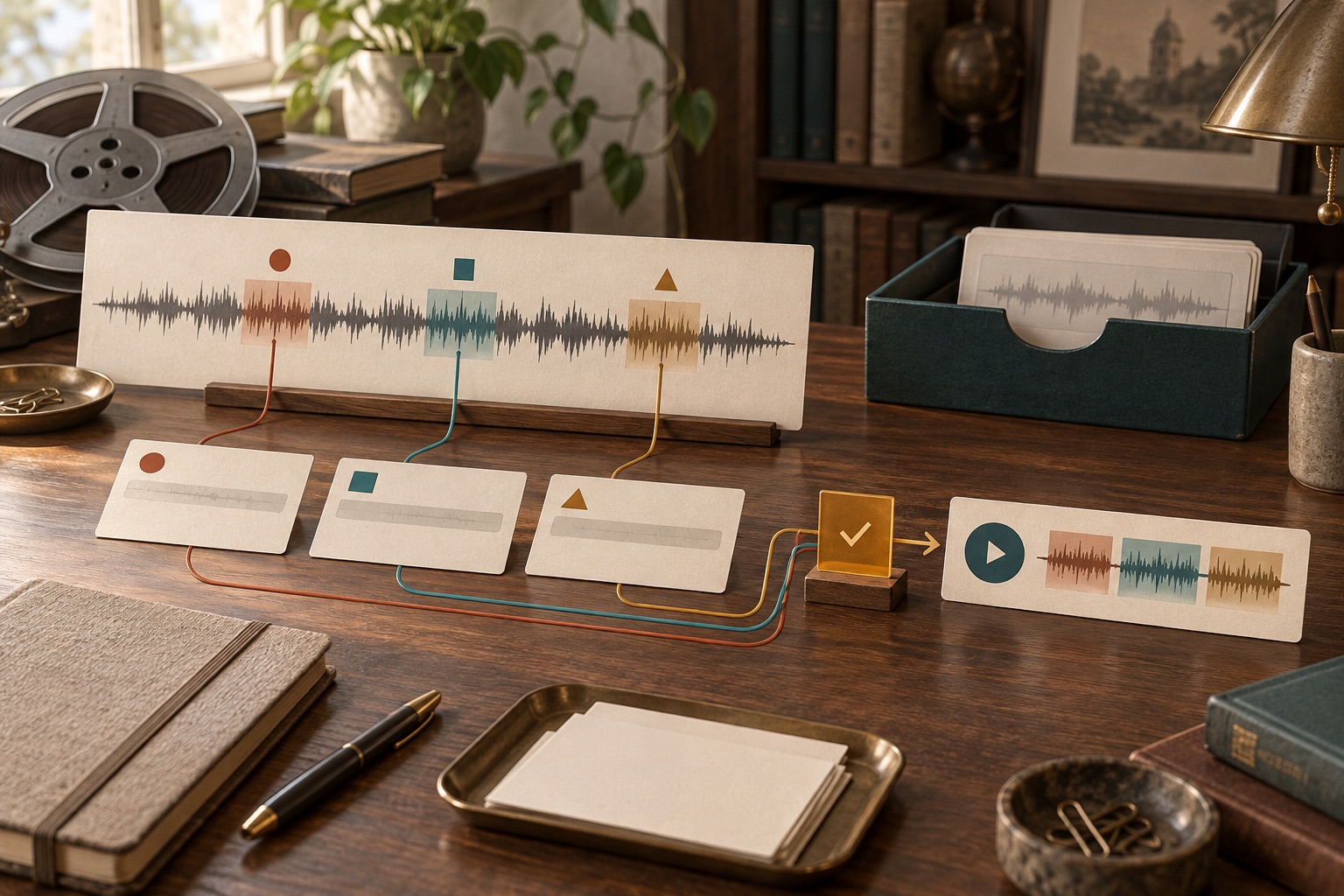 Fictional source waveform and excerpt cards connected through a review gate to an audio edition beside an archive tray