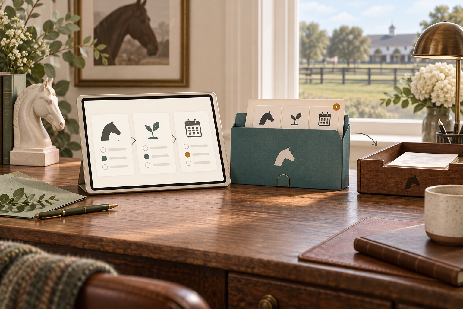 Fictional lesson inquiry steps on a tablet connected to a preference folder and staff-review tray beside a horse bookend