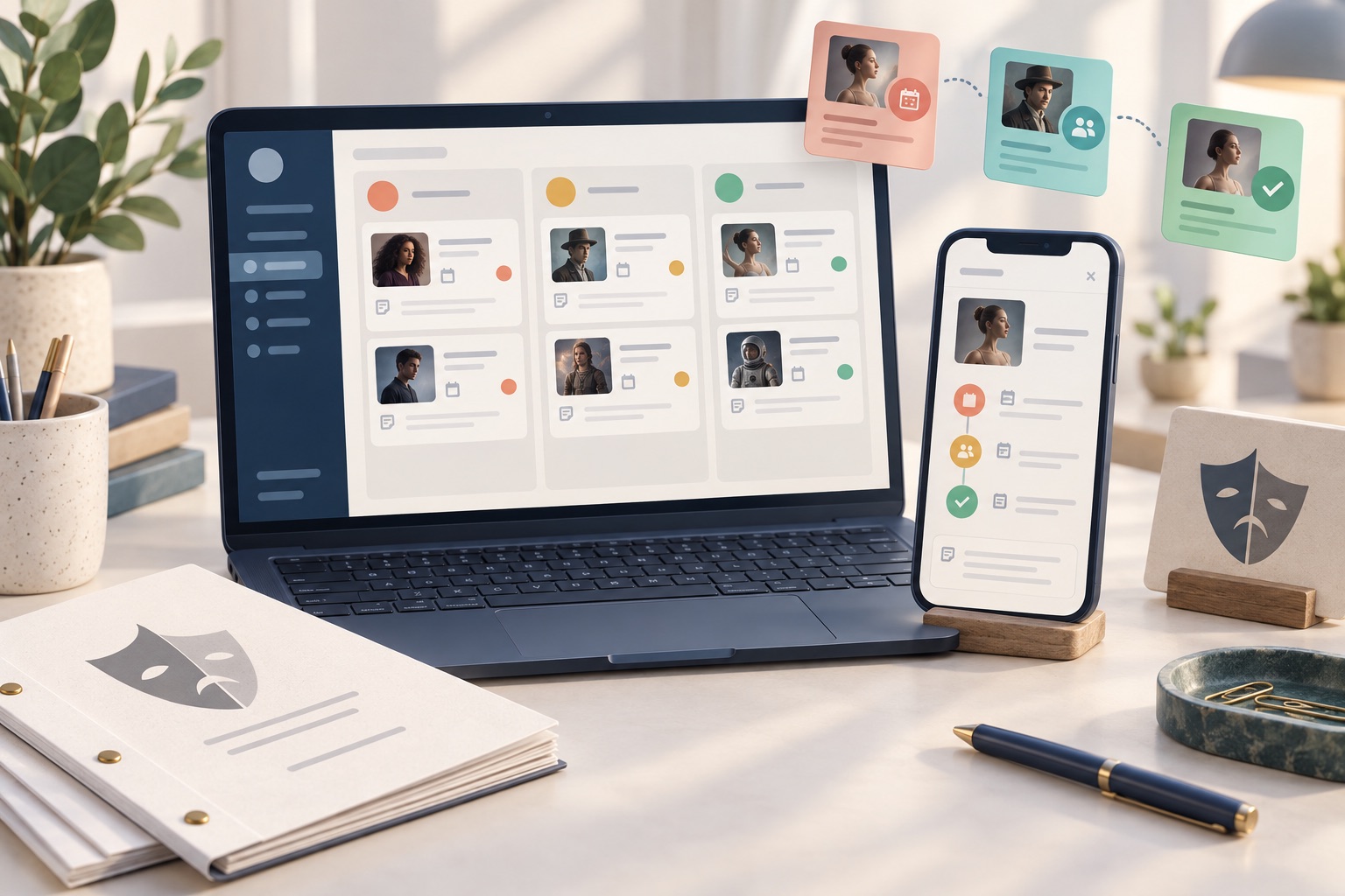 Concept of personal audition records grouped by status beside a matching mobile audition history