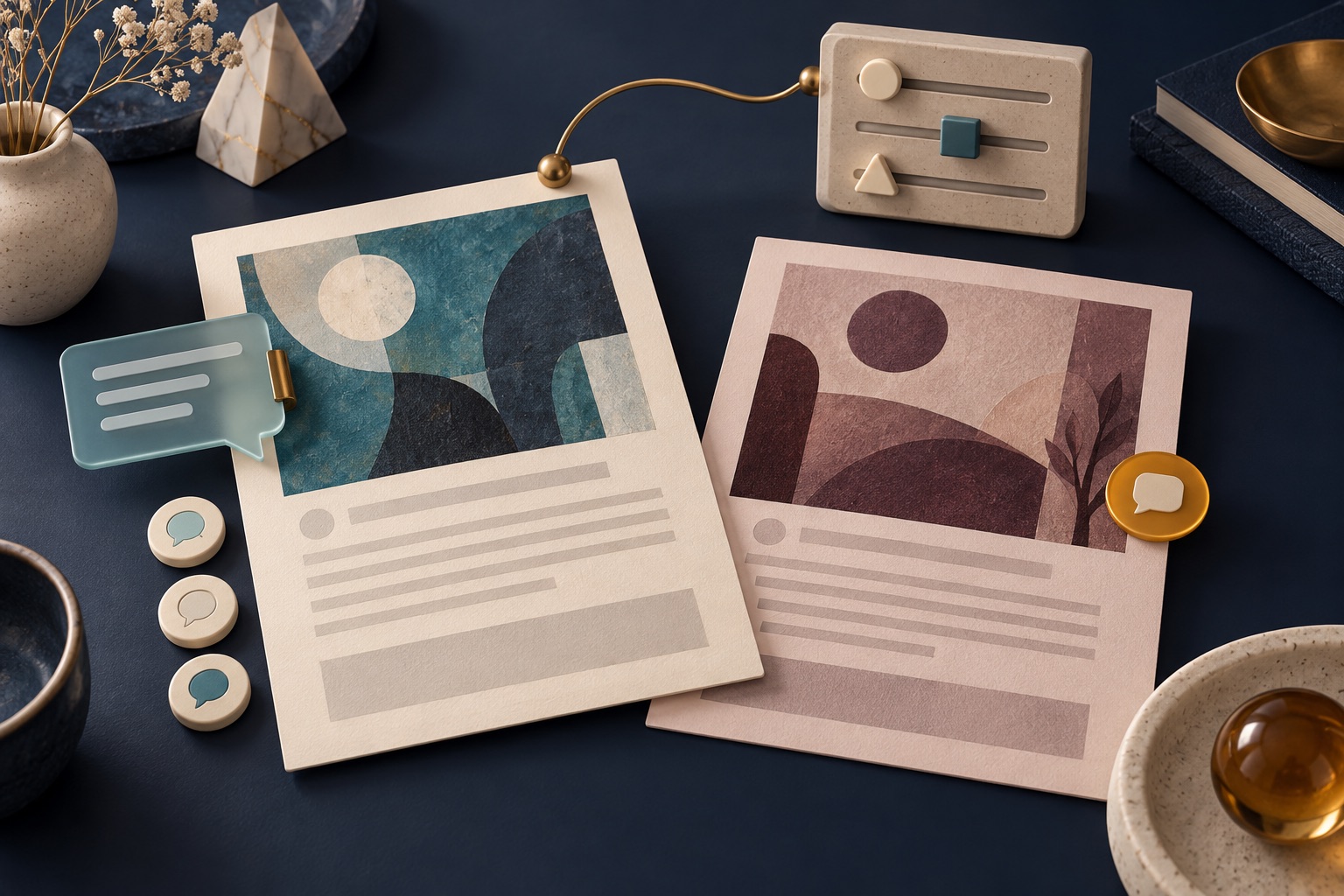 Fictional arts article cards with a clipped discussion bubble, reply tokens and a connected publisher-settings panel