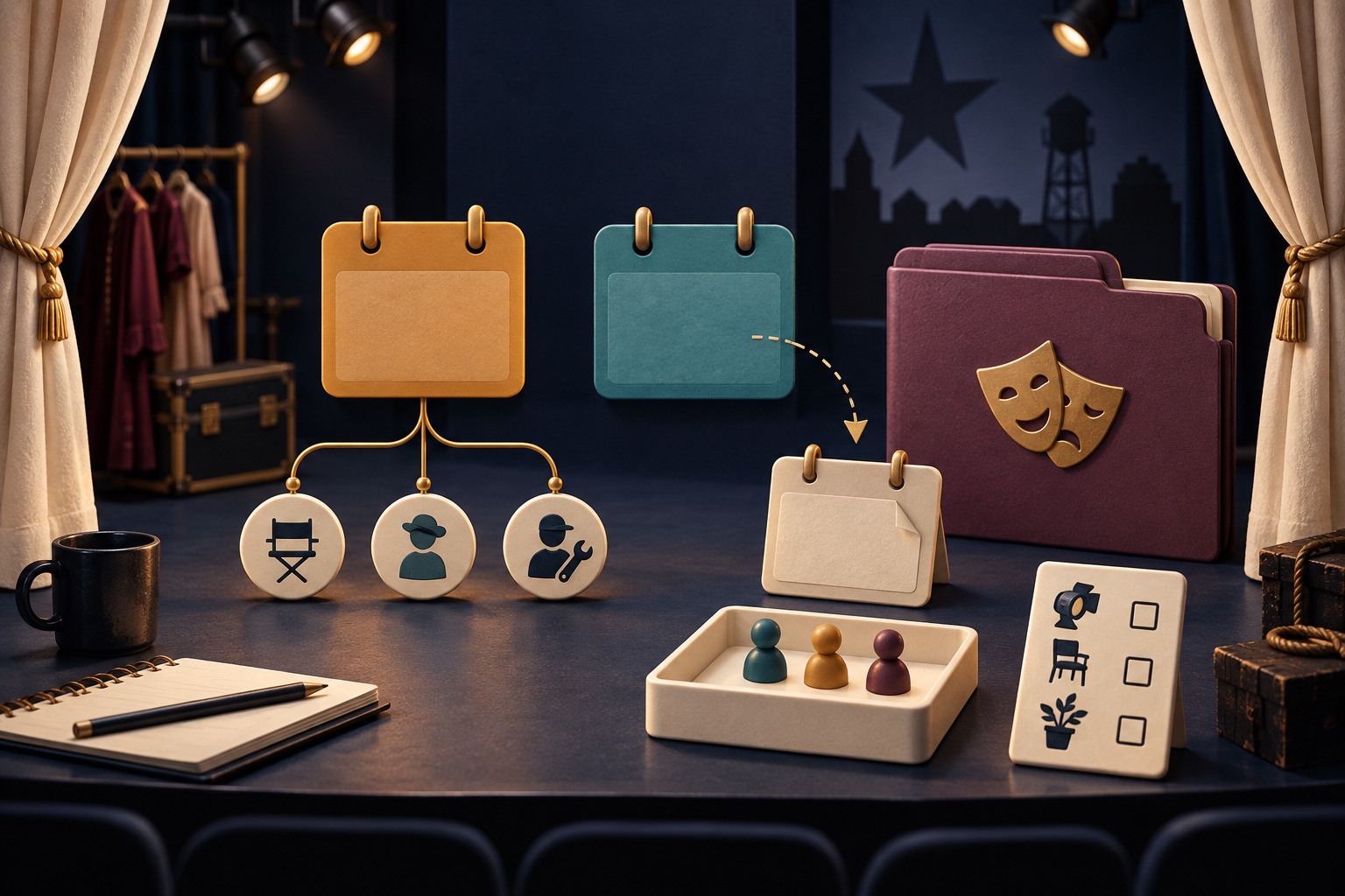 Fictional theater stage with rehearsal cards, a production folder, connected cast and crew tokens and a separate attendance tray