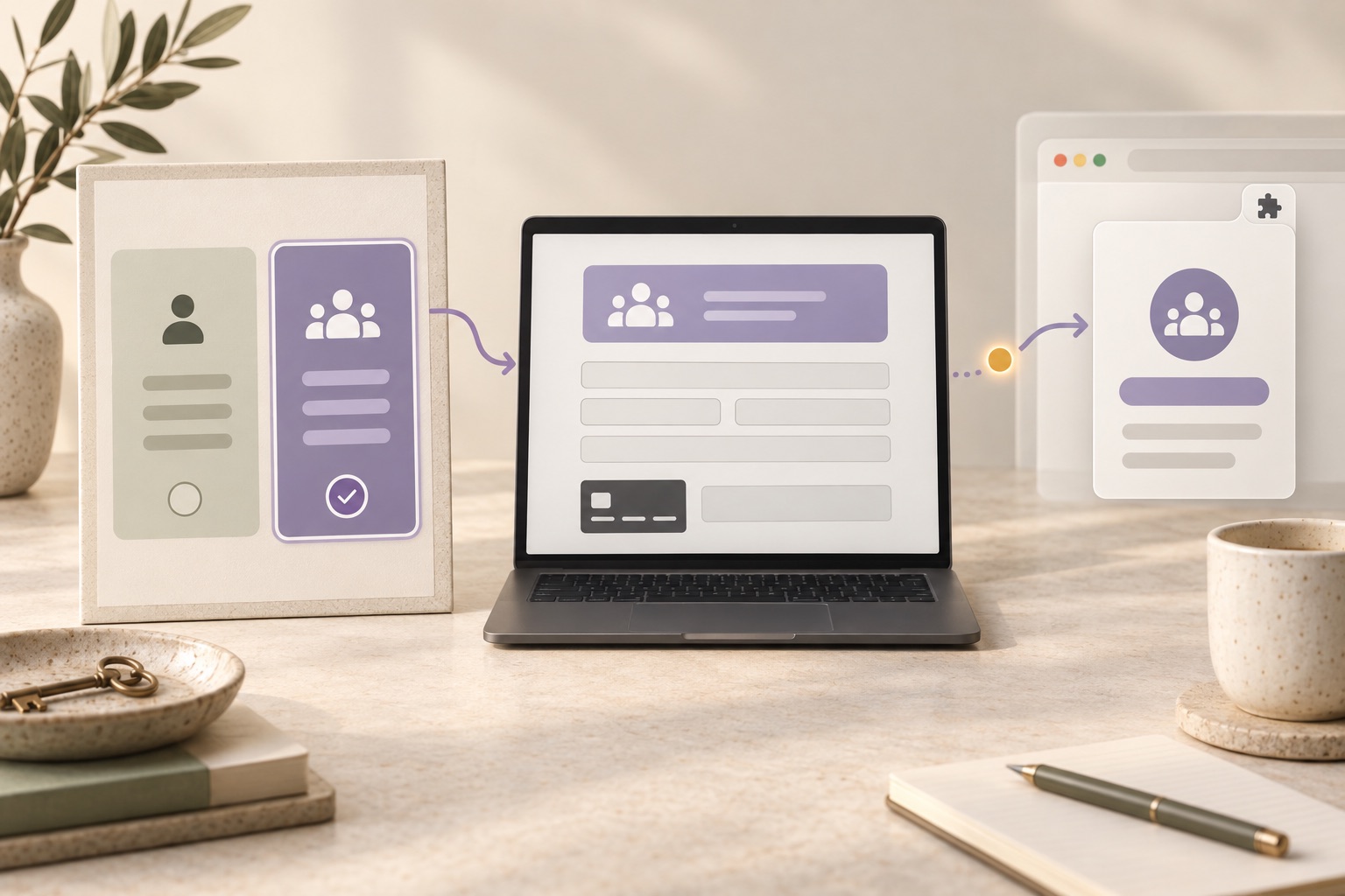Concept of a selected subscription plan carried through checkout into a matching browser-product account panel