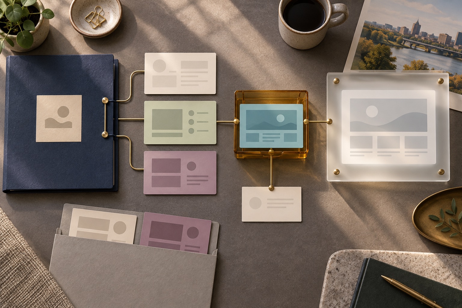 Fictional research-project folder connected to prototype revisions, a selected demo snapshot, source-note card and public-page frame