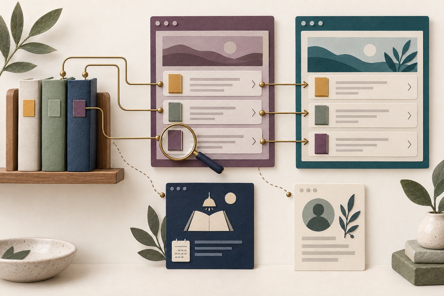 Fictional book-edition cards connected across old and new website panels beside separate author and event cards