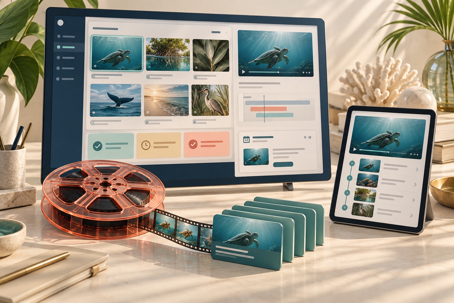 Concept of an editorial film catalogue beside a tablet showing a documentary and its guided experiences