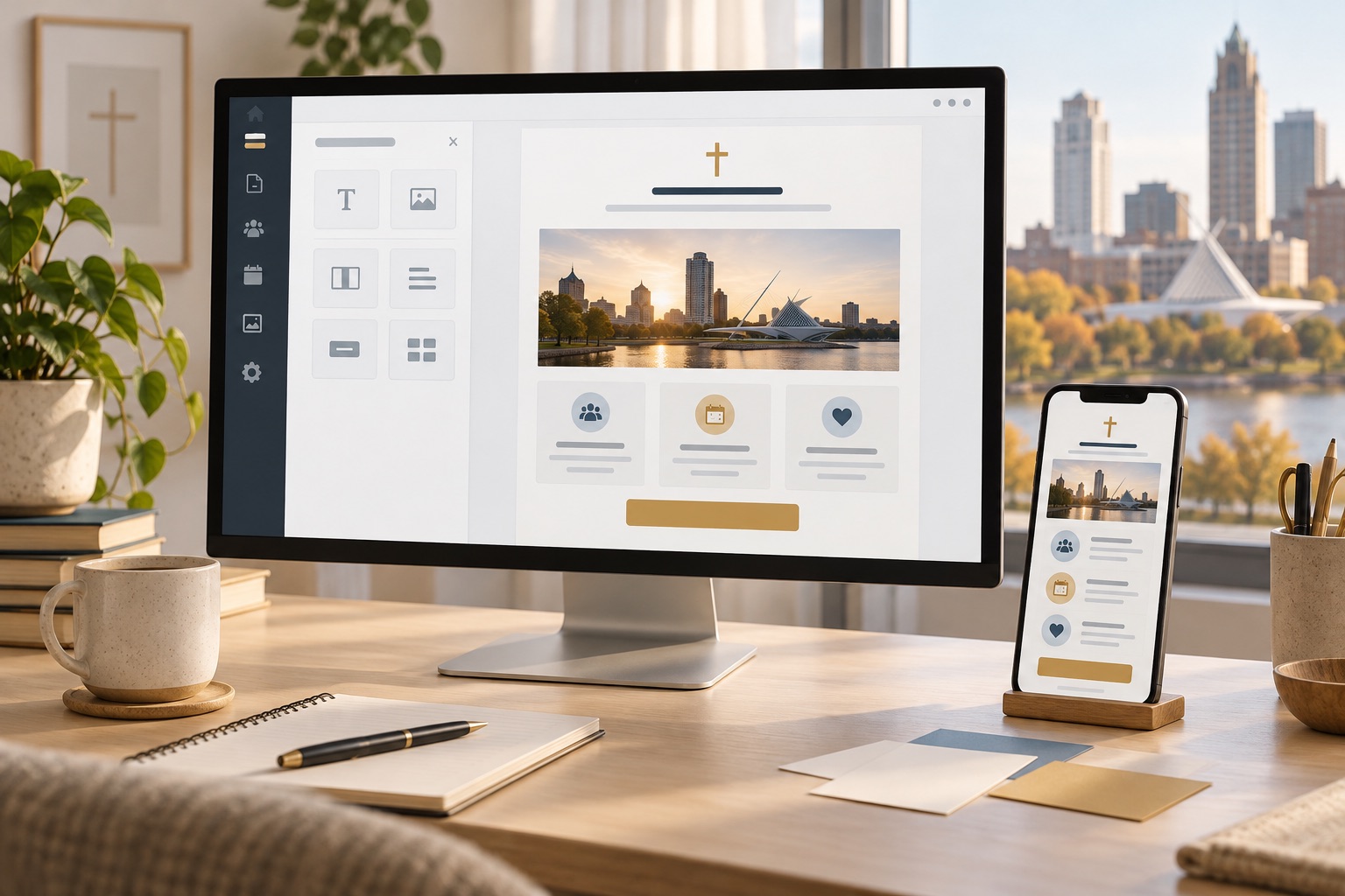 Concept of an embedded newsletter designer beside a matching narrow-screen email preview