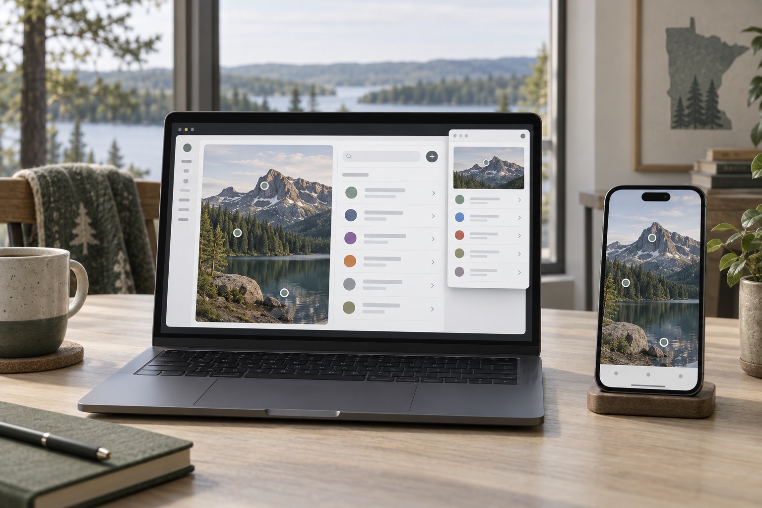 Concept of a visual account interface on a laptop with a browser panel and matching phone screen
