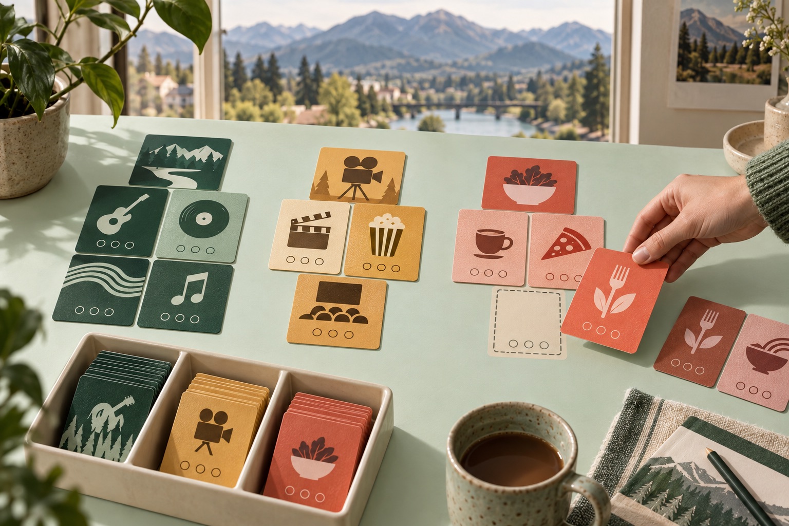 Concept of music, film and food topic cards grouped by category with an open slot for a suggested subject