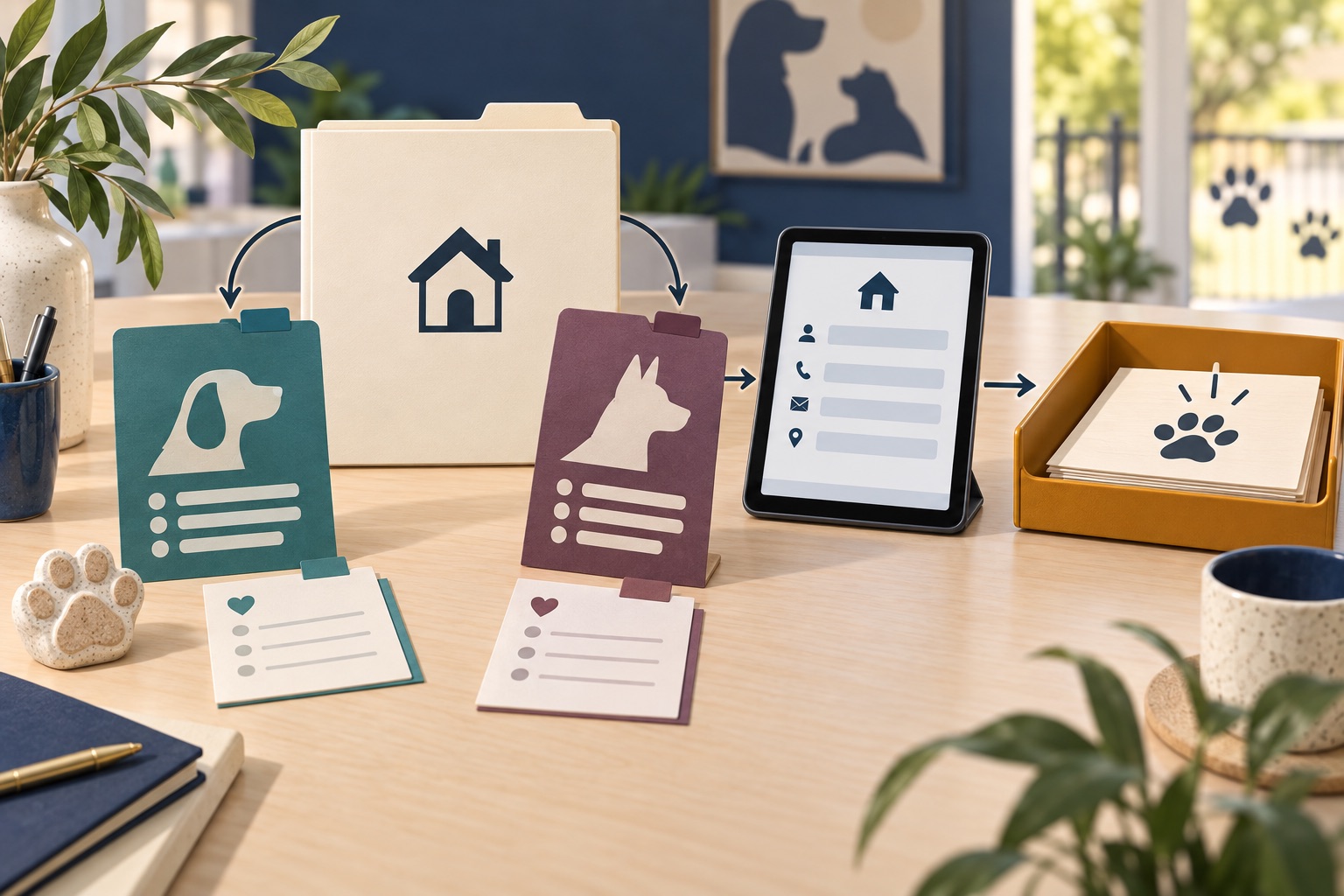 Fictional household folder linked to two distinct dog profile cards, a staged form and a staff review tray