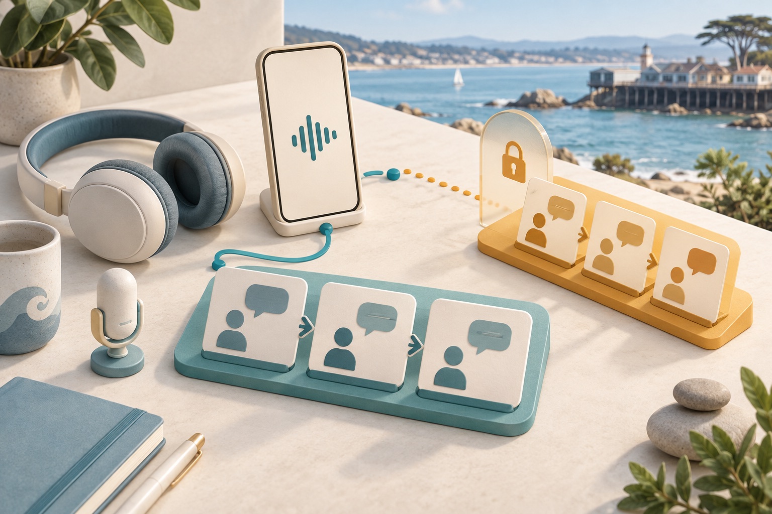 Fictional spoken lesson cards in two versions connected to a phone beside headphones and a microphone token