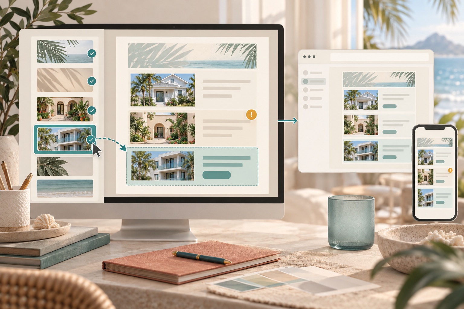 Fictional property newsletter blocks moving from an approved asset tray into an existing email editor and phone preview