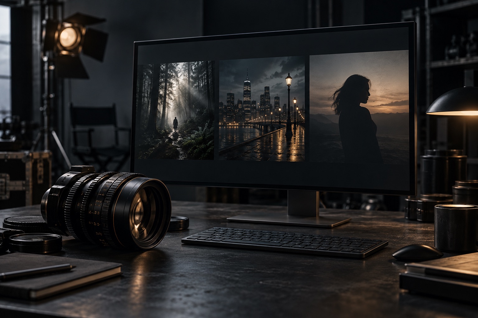 Concept of a cinematic production catalogue on a monitor beside a cinema lens