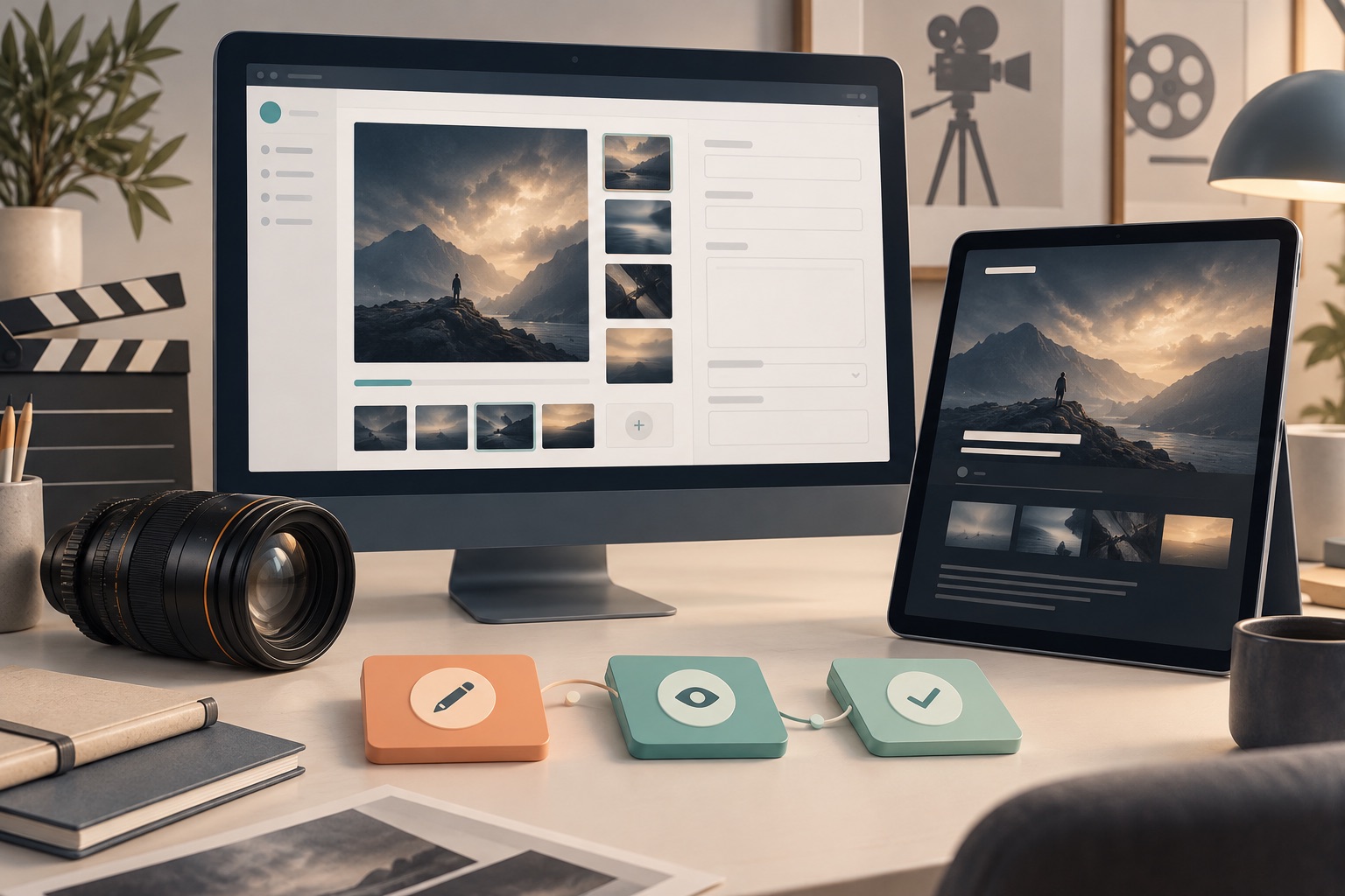Concept of a production CMS record and matching cinematic detail page connected by editing and preview steps