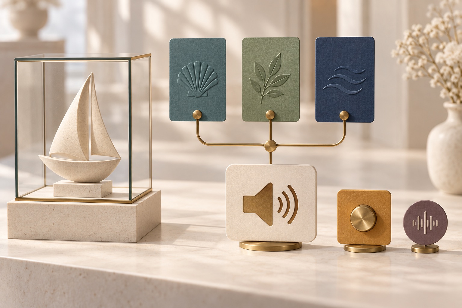 Fictional museum sailboat display and exhibit-stop cards linked to an audio guide beside manual and voice control symbols