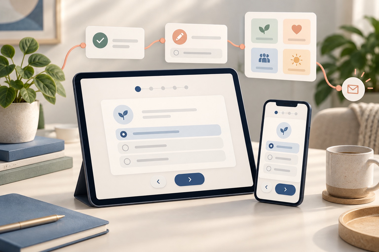 Concept of an assessment question on tablet and phone connected to answer review and a results handoff