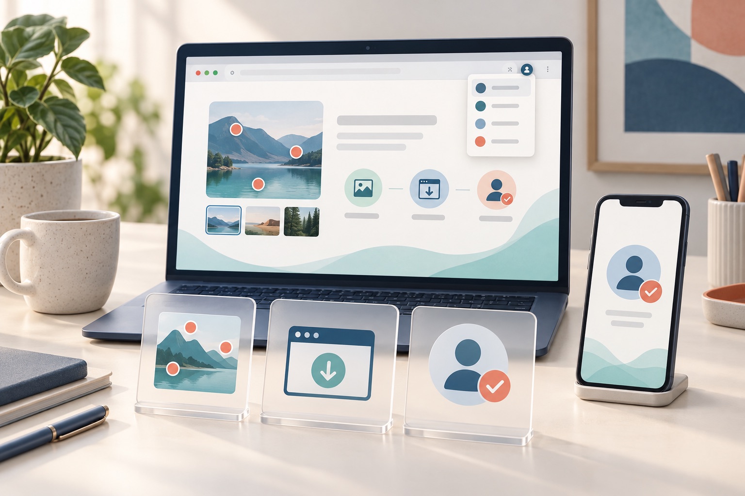 Concept of a visual password-manager website connected to browser installation and a matching account screen
