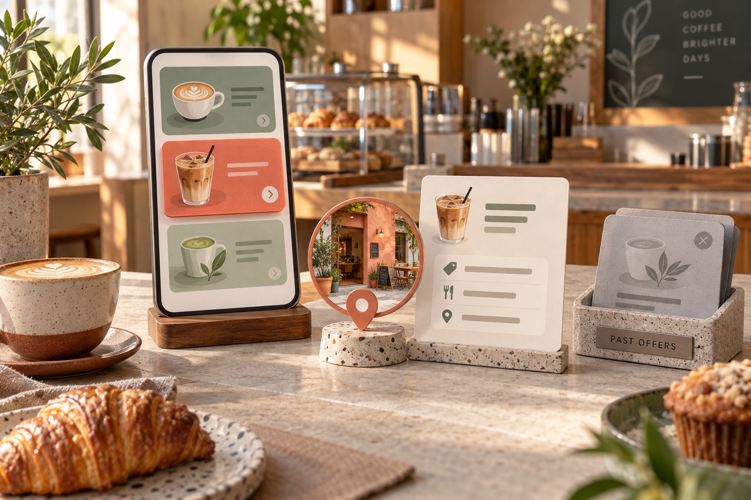 Concept of cafe campaign cards on a phone beside a matching offer detail, location marker and archived offers