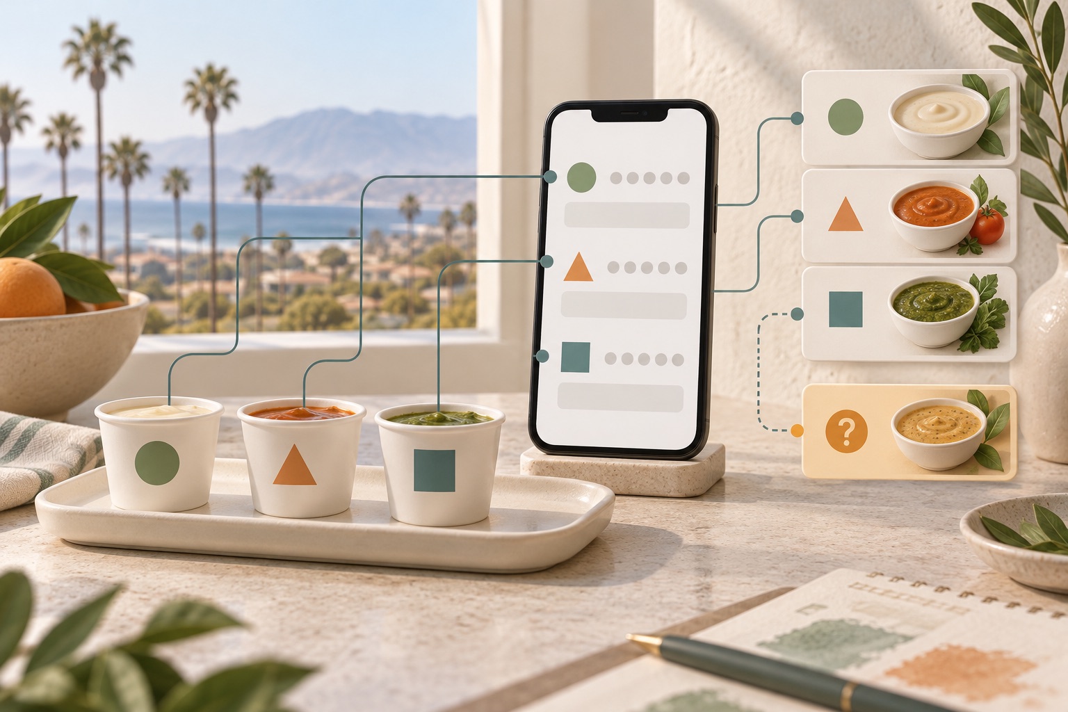Fictional sample cups with geometric tokens linked to a phone feedback form and separate product-reference cards