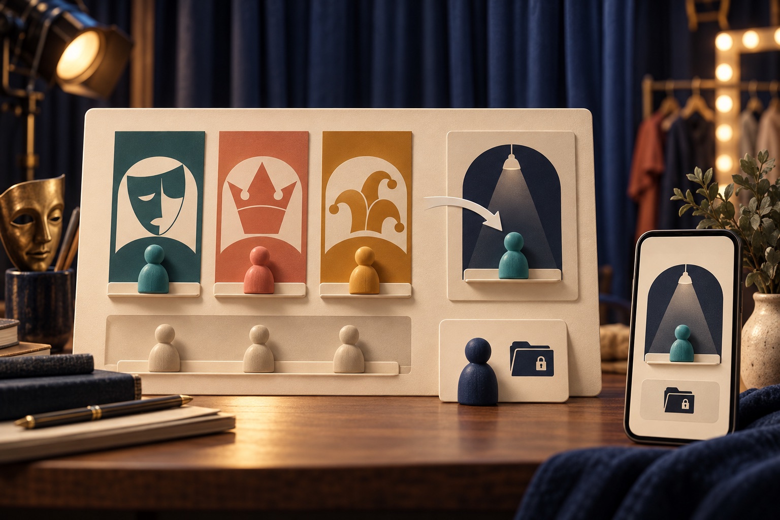 Fictional theater role cards and performer tokens connected to a callback lane and a coordinator note folder
