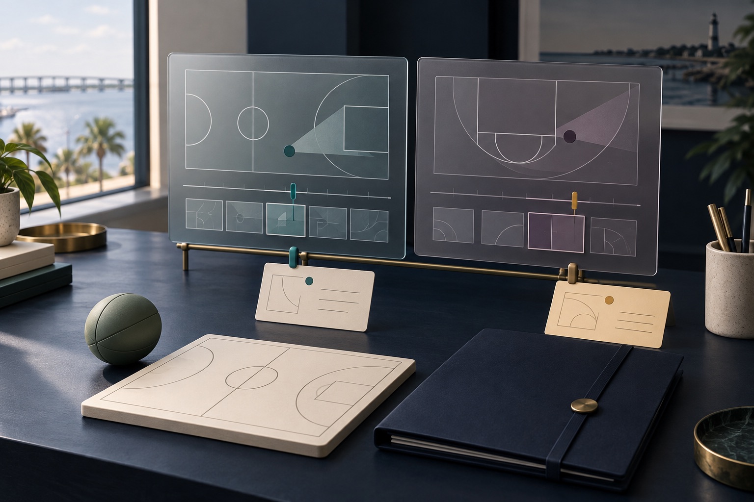 Fictional sports-video edition panels with separate playback markers and note cards beside a blank court board and team folder