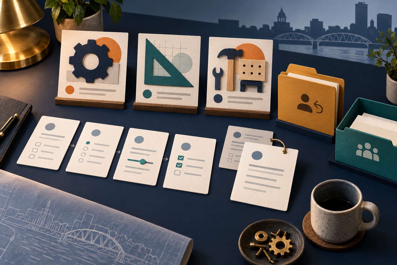 Fictional trade-path cards above questionnaire steps with linked question editions, a returning-applicant folder and a staff-review tray
