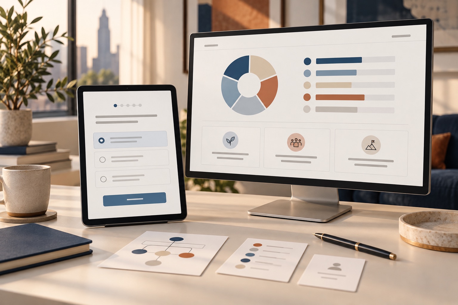Concept of a questionnaire tablet beside a results dashboard and paper cards for reviewing assessment logic