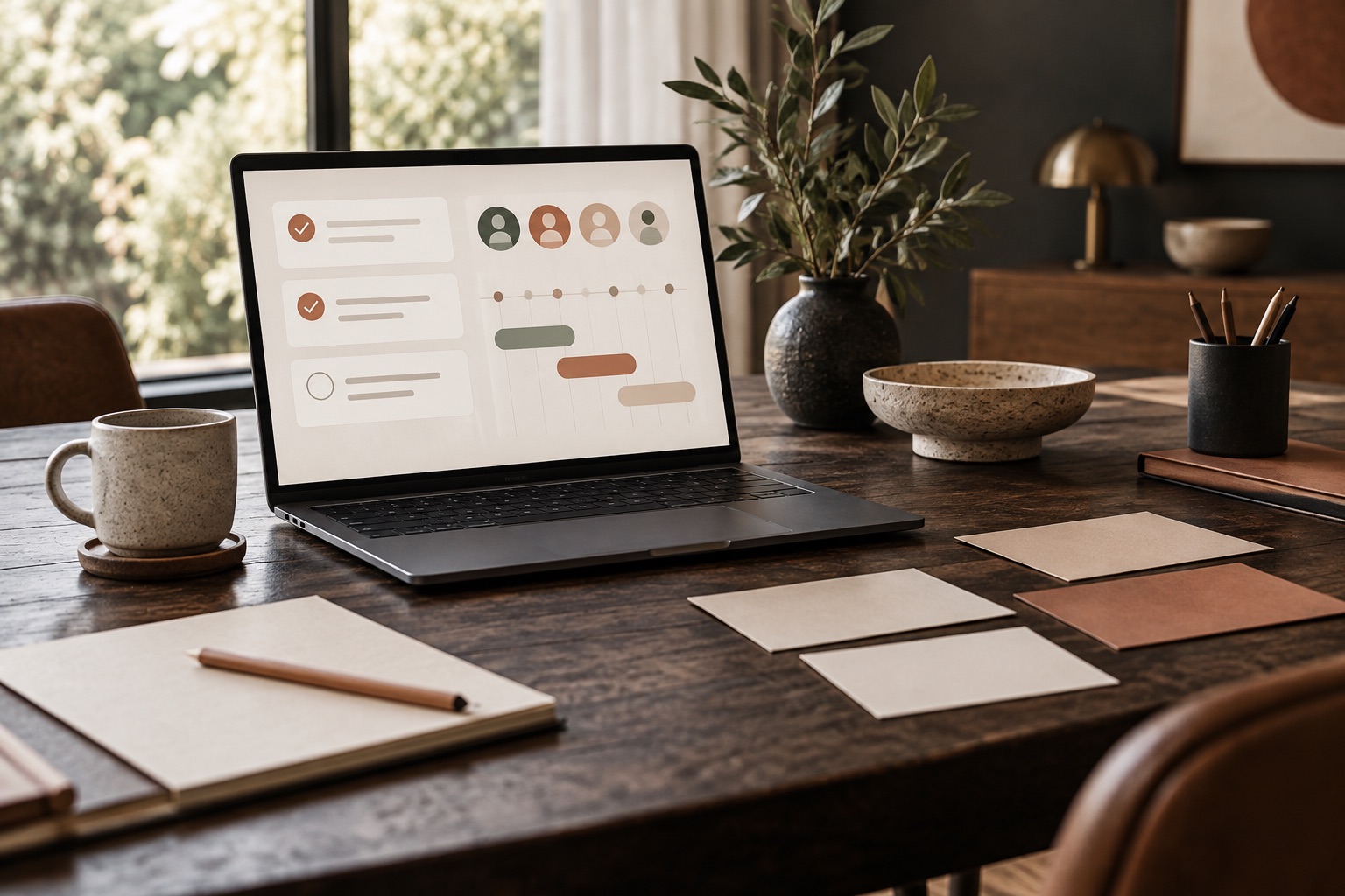 Concept of shared event checklists and a timeline on a laptop beside planning cards