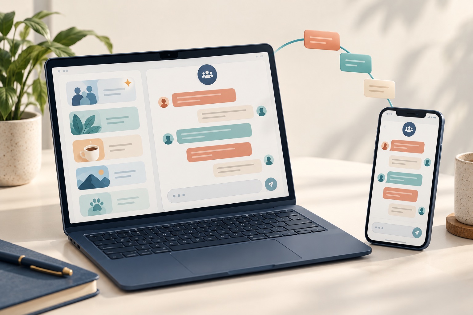 Concept of the same topic-based conversation displayed on a laptop and phone with connected message tiles