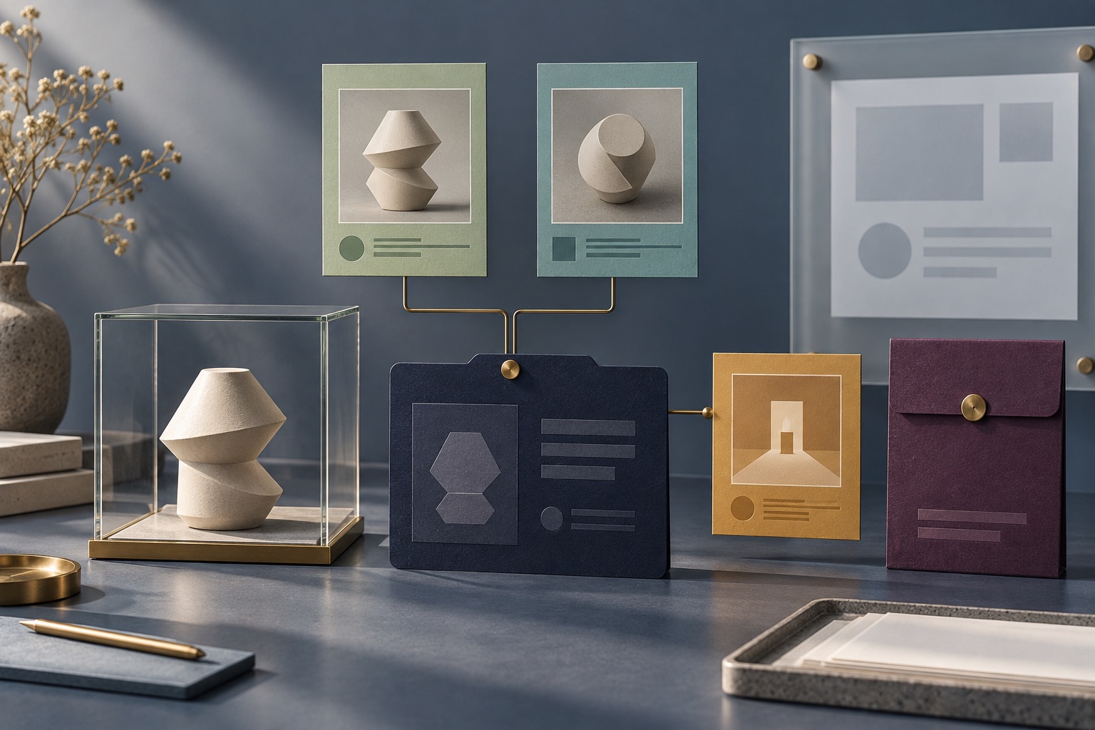 Fictional geometric collection object with two view cards, a stable record folder, an exhibition card and a closed notes sleeve