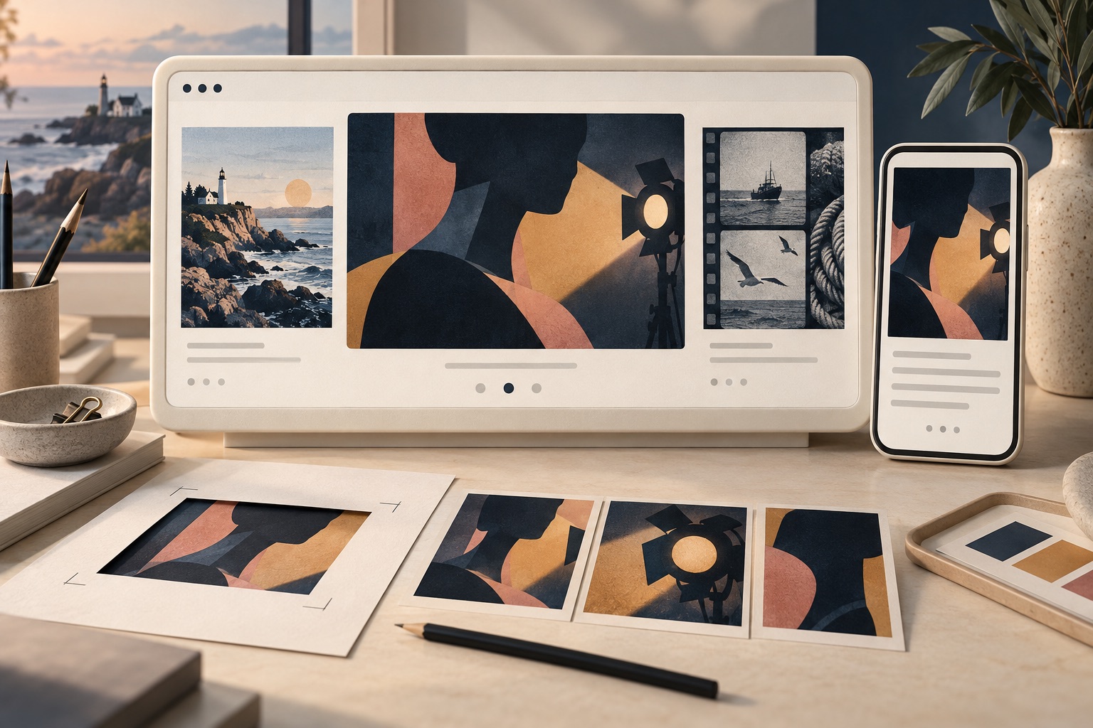 Concept of a production catalogue and matching phone artwork crop beside paper framing studies